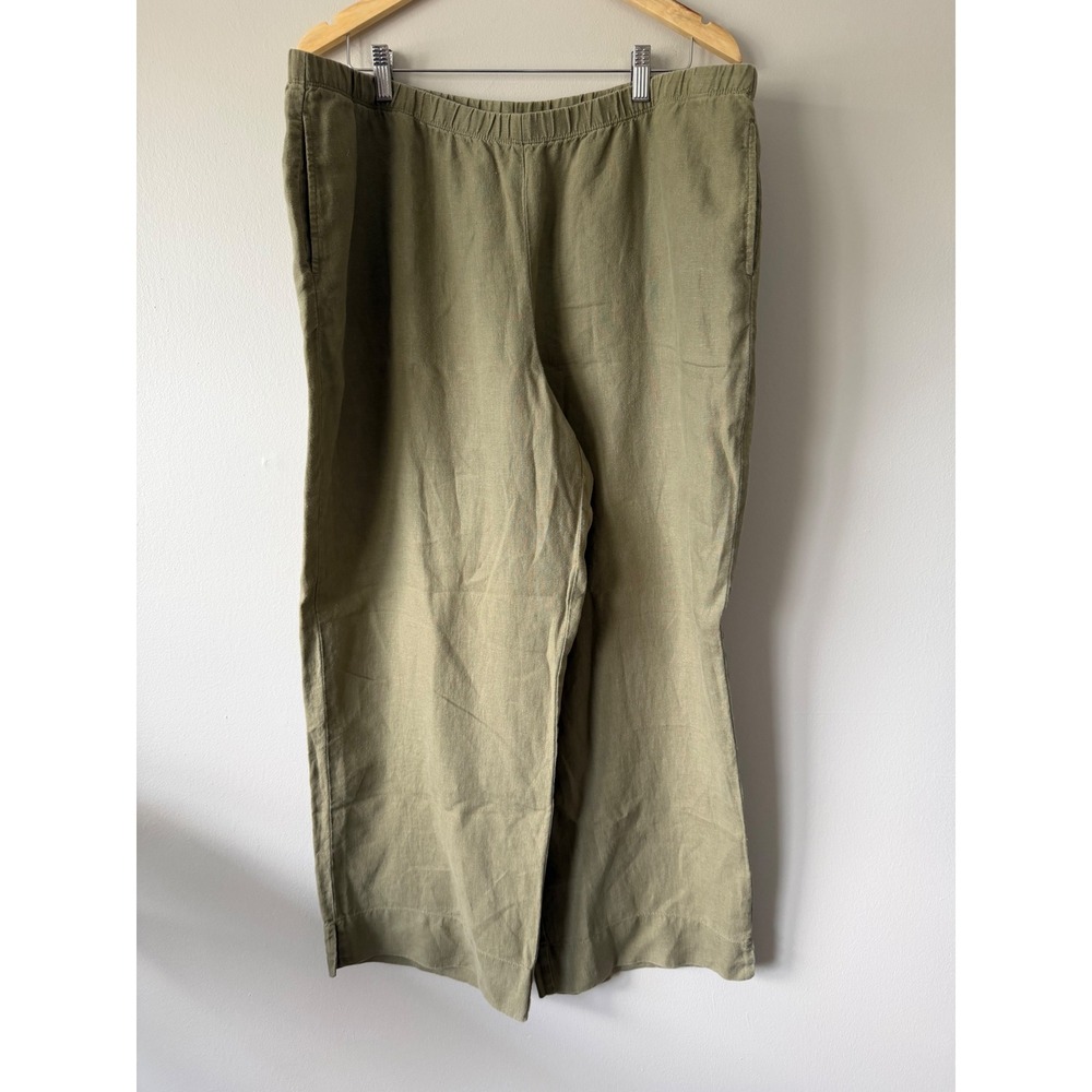 J. Jill Love Linen Olive Green Wide Leg Pants XL Tall Elastic Waist Pocketed